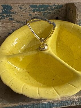 Vintage Lane & Co Speckled Yellow Divided Bowl Van Nuys Relish Pottery Dish 1960